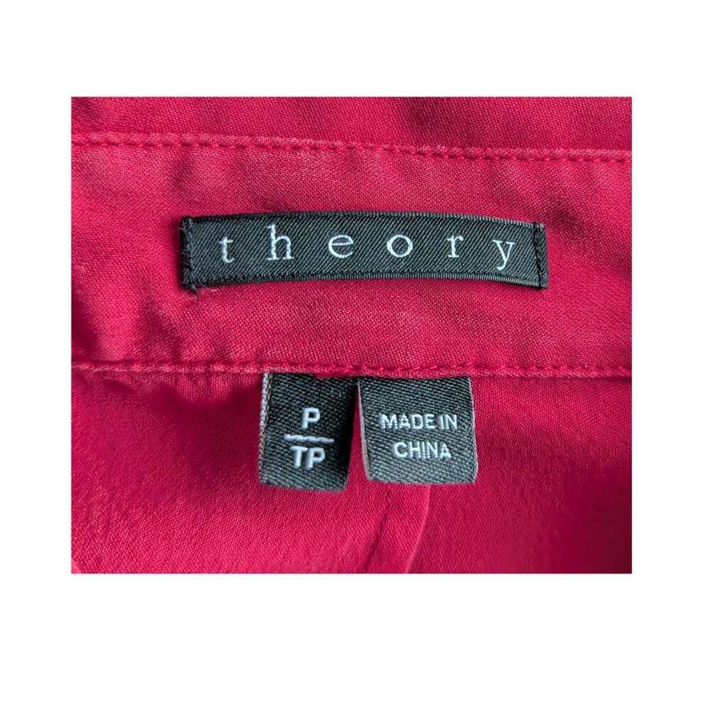 Theory Red 100% Silk Button Front Blouse Petite Short Sleeve - Picture 4 of 7